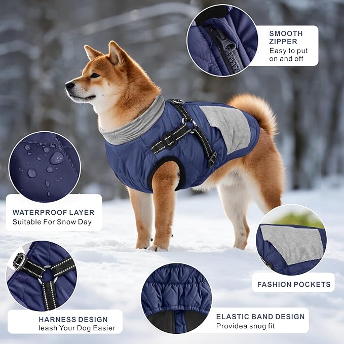 Mosucoirl Warm Dog Coats Pet Clothes, Waterproof Dogs Jacket Reflective Pet Outfits Winter Dog Cold Weather Coat Cozy Snow Jackets Vest for Small Medium Large Dogs Puppy Doggie (NavyBlue, XL)