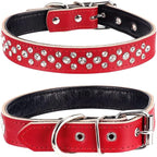 Rhinestones Dog Collar, Adjustable Sparkly Crystal Studded Genuine Leather Pet Dog Collar for Small and Medium Dogs (L, Red)