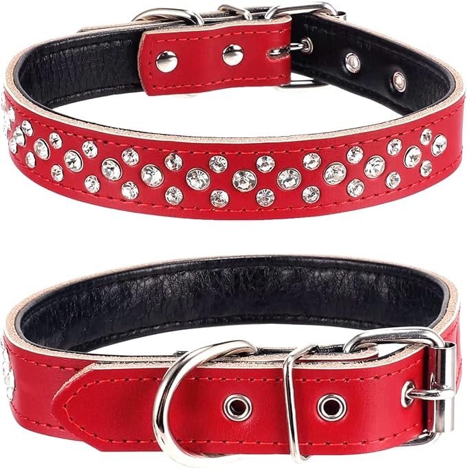 Rhinestones Dog Collar, Adjustable Sparkly Crystal Studded Genuine Leather Pet Dog Collar for Small and Medium Dogs (L, Red)