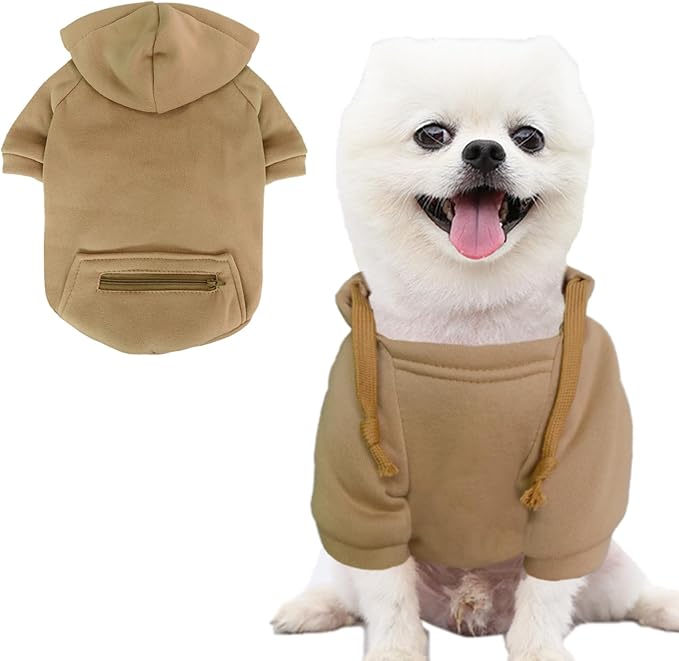 Jecikelon Pet Dog Cold Weather Coat with Pocket Winter Dog Hoodie Warm Puppy Clothes for Small Dogs Chihuahua Clothing (Khaki, Medium)