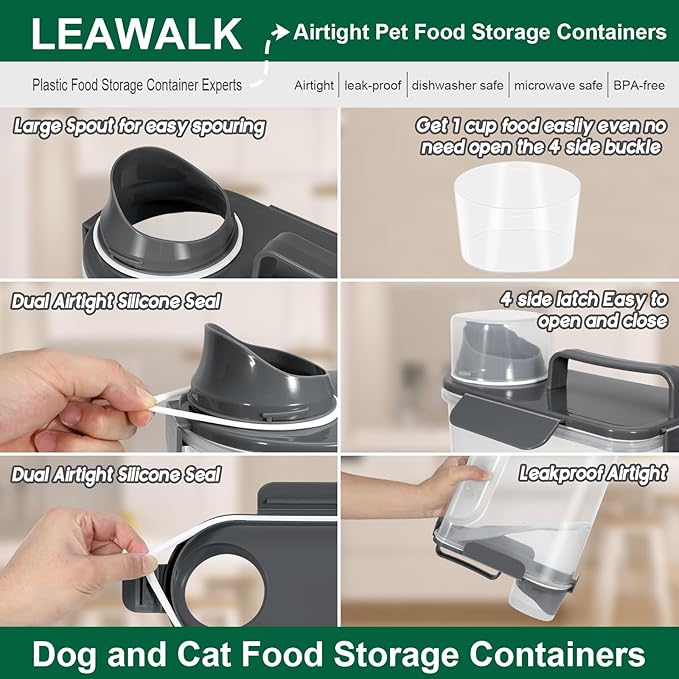 5-7Lbs Cat Dog Storage Container, Portable Pet Food Containers with Upgraded Large Spout and Cup, Small Animal Kibble Dispenser for Bird Seed, Oatmeal, Rice, Flour (2, Dark Gray, 5L)
