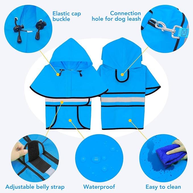 Dog Raincoat - Waterproof Doggie Rain Jacket with Leash Hole, Lightweight Hooded Pet Poncho Slicker (Medium, Blue)