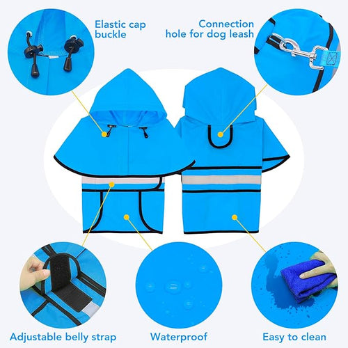 Adjustable Dog Raincoat with Hood - Waterproof Lightweight Slicker Poncho, Safety Dog Rain Jacket with Reflective Strip and Leash Hole for Small, Medium, Large Dogs (Large, Blue)