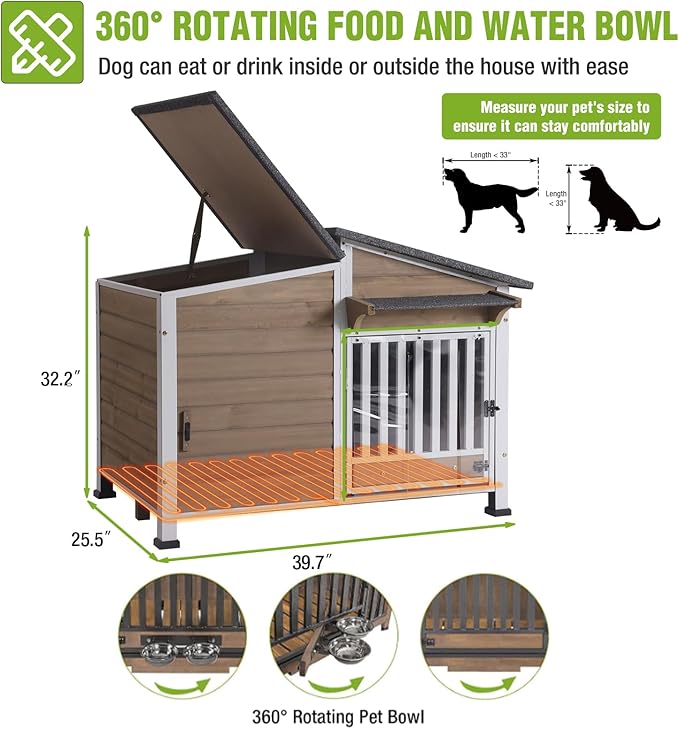 GUTINNEEN Heated Dog House Outdoor Dog Kennel with Safe Heated Pad, Chew-Proof Metal Frame and Rotating Food Bowl for Small to Medium Dogs, 39.7"x25.5"x32.2" (Light Brown)