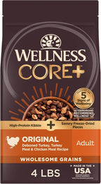 Wellness CORE+ Dry Dog Food with Freeze Dried Pieces, Wholesome Grains, High Protein, Natural, Original Turkey & Chicken Recipe, (4-Pound Bag)
