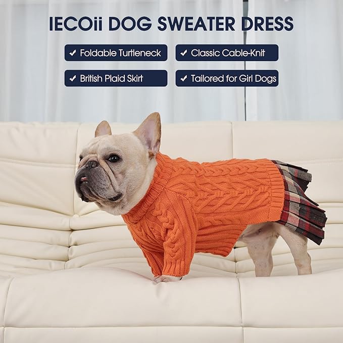 IECOii Girl Dog Sweater Dress, Great Dane Sweaters for Girl Dogs, Orange, 5XL, Extra Large Dog Sweater for Female Dogs Pet Winter Dress for Giant Breeds - Xmas Turtleneck Knitwear for Cold Weather