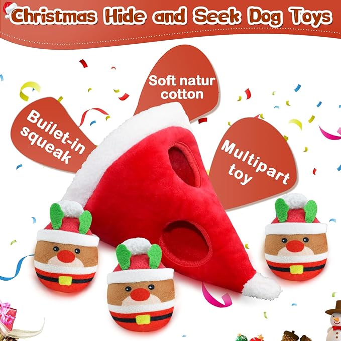 Christmas Squeaky Dog Toys - 4 Pack Hide and Seek Dog Toys - Plush Toys Christmas Hat for Puppy, Small, Medium Breeds