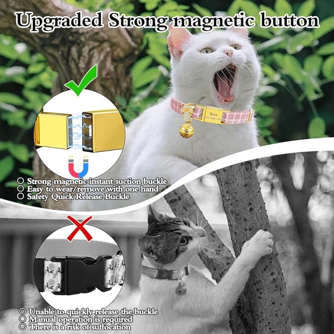Personalized Breakaway Cat Collars - Magnetic Buckle, Bell - Safety Quick Release, Customized for Girls & Boys Cats- (Checkered-Pink)