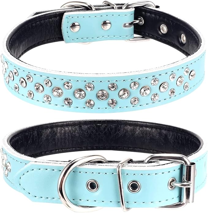 Rhinestones Dog Collar, Adjustable Sparkly Crystal Studded Genuine Leather Pet Dog Collar for Small and Medium Dogs (S, Blue)