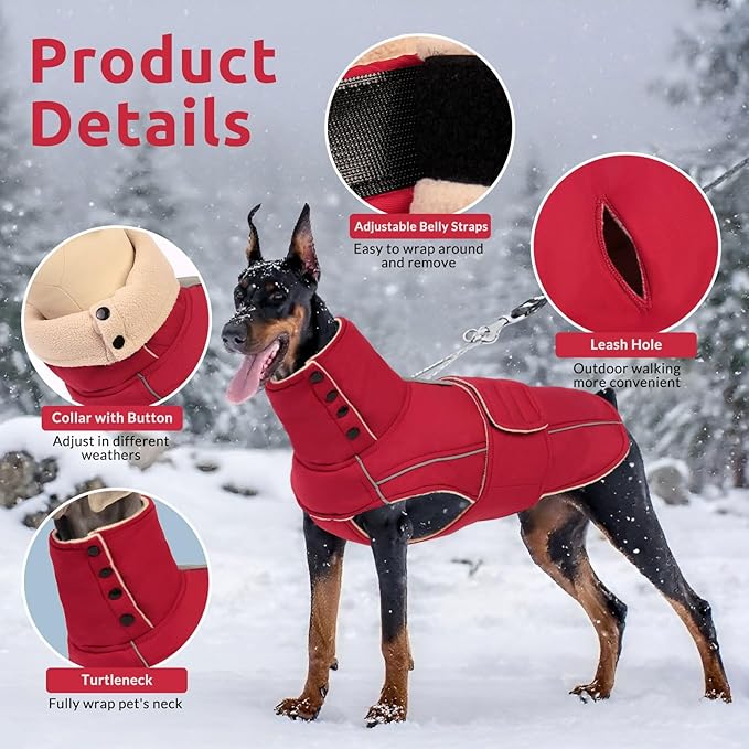 ASENKU Warm Dog Coat, Waterproof Dog Jackets for Large Dogs with Reflective Fleece Vest Turtleneck with Button, Windproof Cold Weather Coats for Small Medium Large Dogs, Dark Red, L