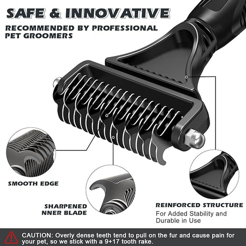 3PCS Pet Grooming Rake & Metal Comb & Flea Comb for Cats and Dogs, Double-Sided Dematting Tool, Extra-Wide Deshedding Dog Brush for Long Hair to Effectively Remove Tangles, Knots and Mats (Black)