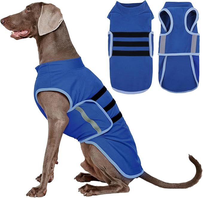 IDOMIK Warm Fleece Dog Sweater for Large Dogs,Soft Winter Dog Fleece Jacket Coat for Fall Cold Weather,Adjustable Fleeced Vest with Reflective Strips,Pullover Pet Sweatshirt for Girl Boy Dogs,Blue,3XL