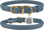 BronzeDog Rolled Leather Dog Collar with QR ID Tag, Adjustable Soft Round Collars for Small Medium Large Dogs Puppy (9" - 11" Neck Size, Denim)