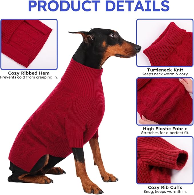 ASENKU XL Dog Sweater, Dogs Sweaters for Extra Large Dogs Girls Boys, Fall Winter Turtleneck Pullover Pet Christmas Sweatshirt,Red XL