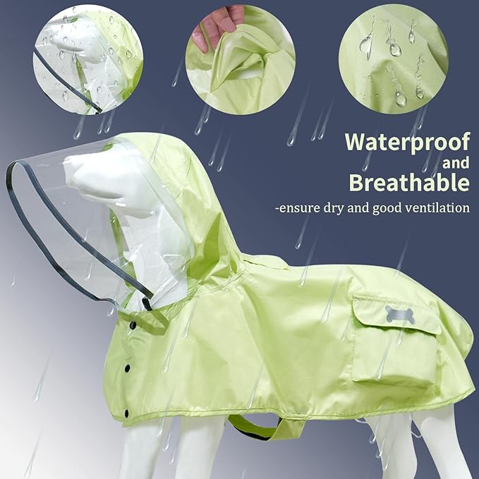 Waterproof Dog Raincoat, Adjustable Reflective Lightweight Pet Rain Clothes with Poncho Hood(Medium,Light Green)