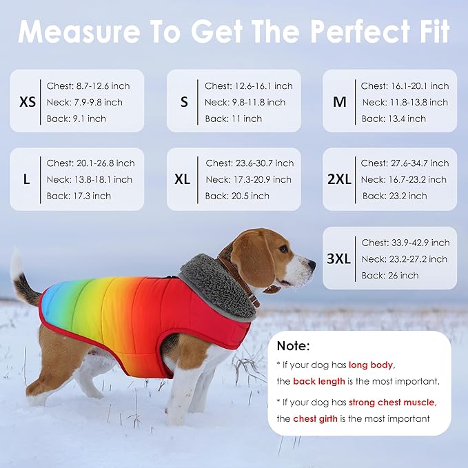 Dog Winter Coat, Waterproof Dog Jacket with Leash Hole, Reflective Adjustable Pet Snow Vest, Warm Fleece Sweater for Small Medium Large Dogs - Rainbow, XS