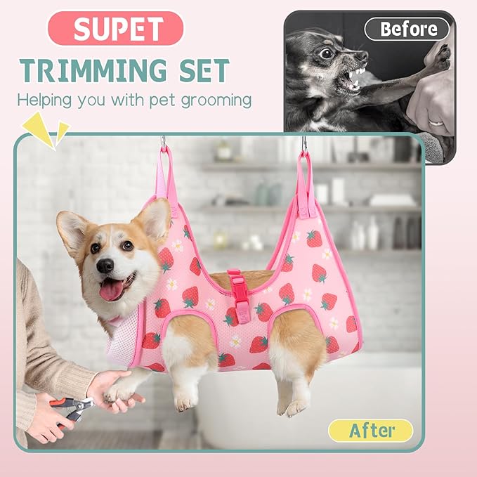 Supet Dog Grooming Hammock, Dog Hanging Harness for Nail Trimming Doorframe, Pet Holder Restraint for Clipping Nails, Pet Hoist Sling for Cutting Nails, Ear & Eye Cleaning, Medicine at Home (M)