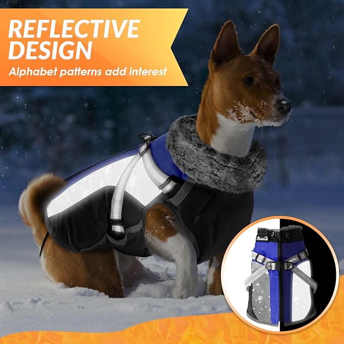 SlowTon Dog Jacket with Harness Built in - Waterproof Fleece Winter Warm Dog Coats for Small Medium Dogs, Reflective Adjustable Furry Puppy Vest Clothes for Outdoor Walking (Blue,XS)