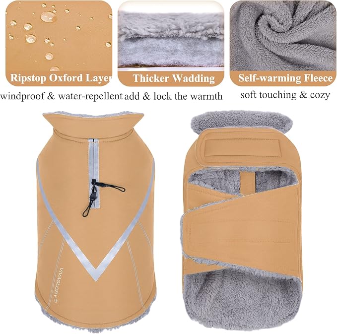 VIVAGLORY Snowrap Dog Coat, Jacket with Harness Hole & Velcro Closure, Dog Coat for Winter & Cold Weather, Fluffy Warm Fleece Lined Reflective Water Resistant for Puppy, XL, Khaki