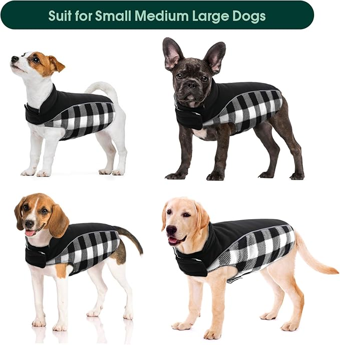 Kuoser Dog Winter Coat, Reversible Waterproof Dog Jacket with Reflective Strip, Warm Dogs Fleece Vest Adjustable Doggy Cold Weather Clothes Plaid Christmas Outfit Pet Apparel for Medium Dogs, Black M