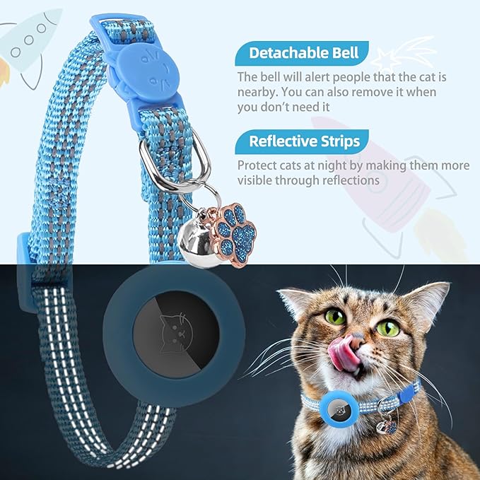 PUPTECK Airtag Cat Collar Breakaway 2 Pack with Bells, Reflective Kitten Collar with Air Tag Holder for Boy Girl Kitty and Puppies, Soft, Blue