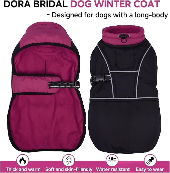 DORA BRIDAL Dachshund Coat, Fleece Lined Dog Winter Coat, Warm Dog Coats with Reflective Strips, Adjustable Waterproof Pet Jacket Clothes, M