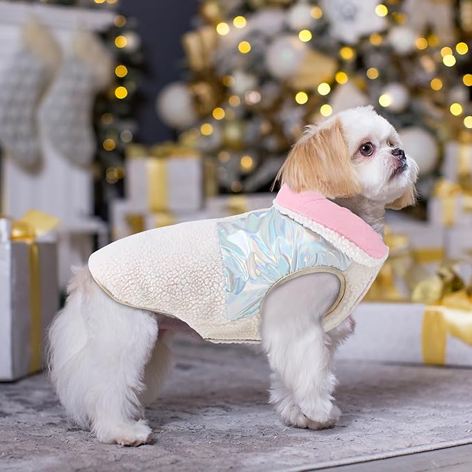 EMUST Small Dog Coat, Reversible Winter Jacket Coats for Small Dogs, Fuzzy Pet Apparel Vest for Small Medium Dogs, Cream, S