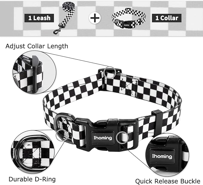 Ihoming Dog Collar and Leash Set for Daily Outdoor Walking Running Training, Chess Board Design for Medium Boys Girls Dogs Cats Pets, M-Up to 45LBS