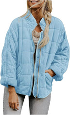 LIZALIG Warm Padded Coat for Women Full Zip Quilted Jackets Winter Oversized Causal Solid Color Stand Collar Pockets Coat