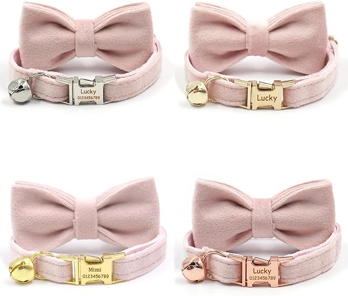 Pink Personalized Cat Collar with Name Tag & Bells Optional Bow-tie Cute Cat Collars for Girls Cats, Soft Durable Custom Kitten Collars for Small Large Cats(Pink)