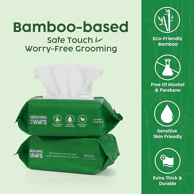 Pet Grooming Wipes - Natural & Organic Bamboo Base - Calming Lavender Scented - Freshening Dog Cat Wipe - Gentle on Sensitive Skin - Thick & Durable for Paws, Coat & Bum - 100 Count