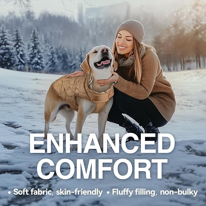 VIVAGLORY Softjoy Dog Coat, Dog Jacket for Winter & Christmas, Coat with Harness Hole & Velcro Closure, Reversible Plaid Checkered Warm Fluffy Heavy Duty for Puppy, M, Khaki