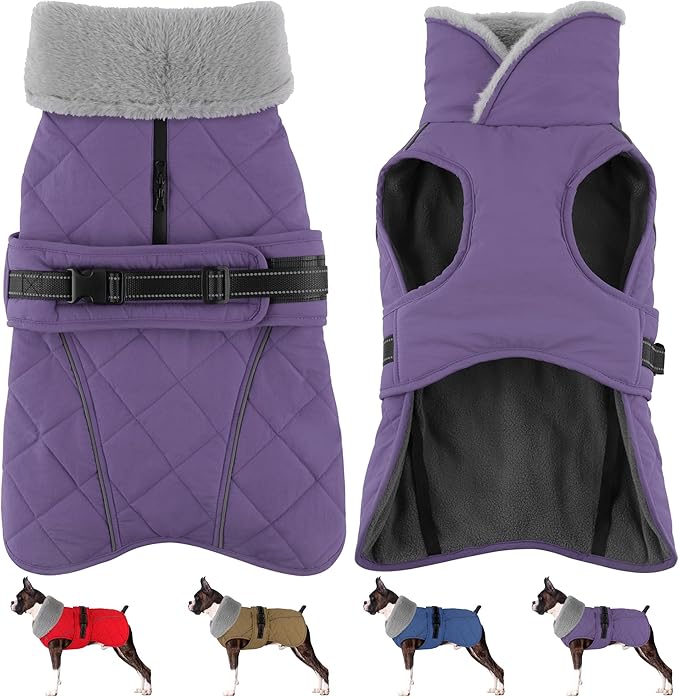 Dog Coat, Waterproof Dog Winter Jacket with Adjustable Buckle, Reflective Turtleneck Pet Snow Vest Warm Fleece Sweater for Small Medium Large Dogs - Purple, XL