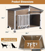 GUTINNEEN Heated Dog House Outdoor with Electric Heating Pad, Insulated Wooden Dog Kennel with 360° Rotating Feeding Bowl, Anti-Chewing Metal Frame, Brown