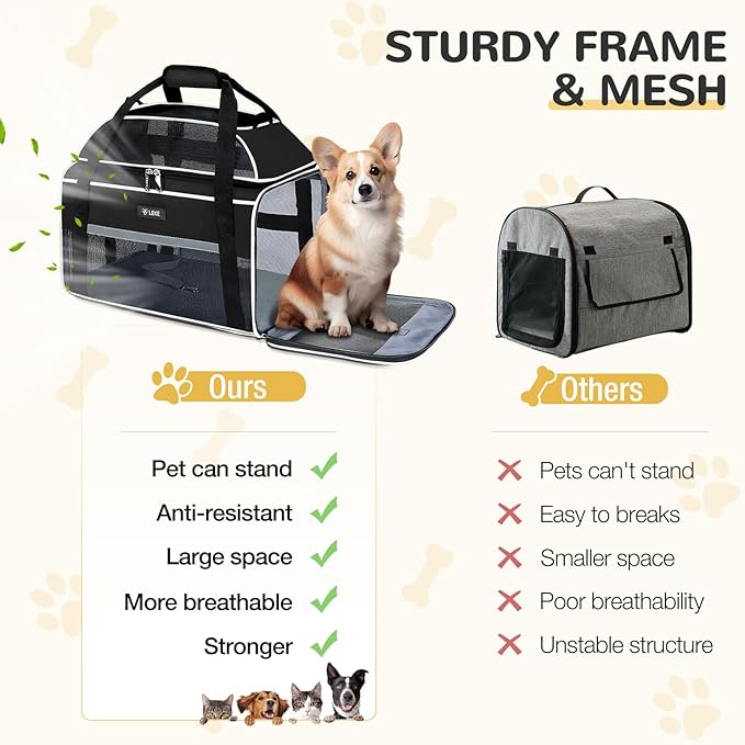 Lekereise Top-Expandable Pet Carrier - TSA Airline Approved Soft Sided Underseat Up to 15lbs Travel Carriers for Small Cats and Dogs with Locking Safety Zippers Anti-Scratch Mesh Large