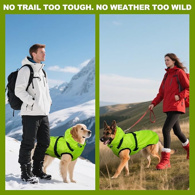 Dog Raincoats for Large Dogs with Hood, Waterproof Dog Rain Jacket with Adjustable Built-in Harness & Back Zipper, Reflective Strip, for Rainy Walks, Muddy Roads - Fluorescent Green XXXL