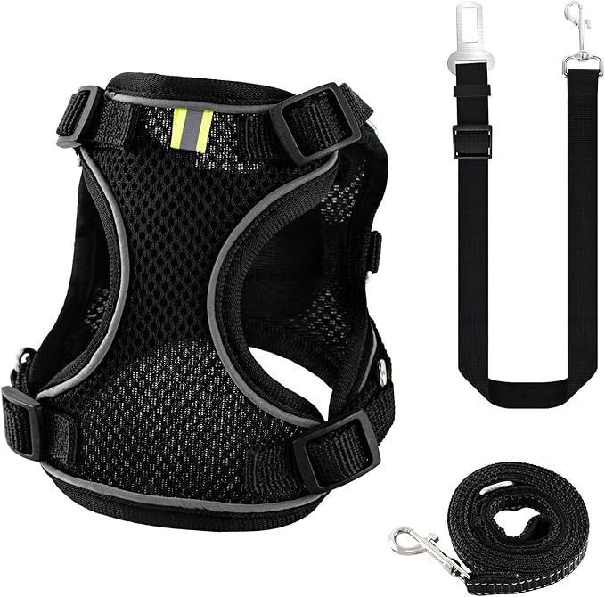 Kitten Cat Harness and Leash Set, Escape Proof Soft 4-Adjustable Cat Walking Vest Harness, Reflective Strips in Harness for Kitty Puppy Bunny Car Travel, with Car Seatbelt Leash (Black, XS)
