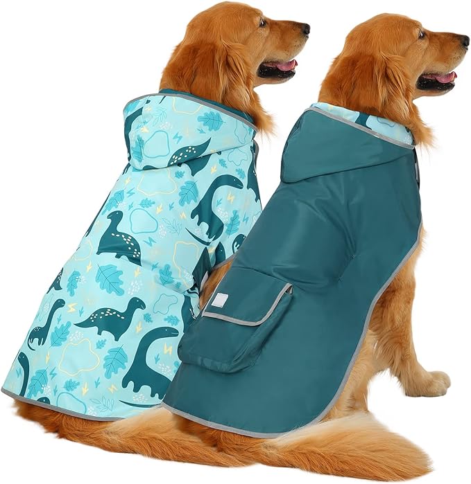 HDE Reversible Dog Raincoat Hooded Slicker Poncho Rain Coat Jacket for Small Medium Large Dogs Dinosaurs - L