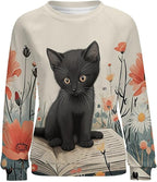 Long Sleeve Shirts for Women Cat Oil Painting Shirt 3D Graphic Sweatshirts Fall Pullover Crewneck Vintage Boho Tops
