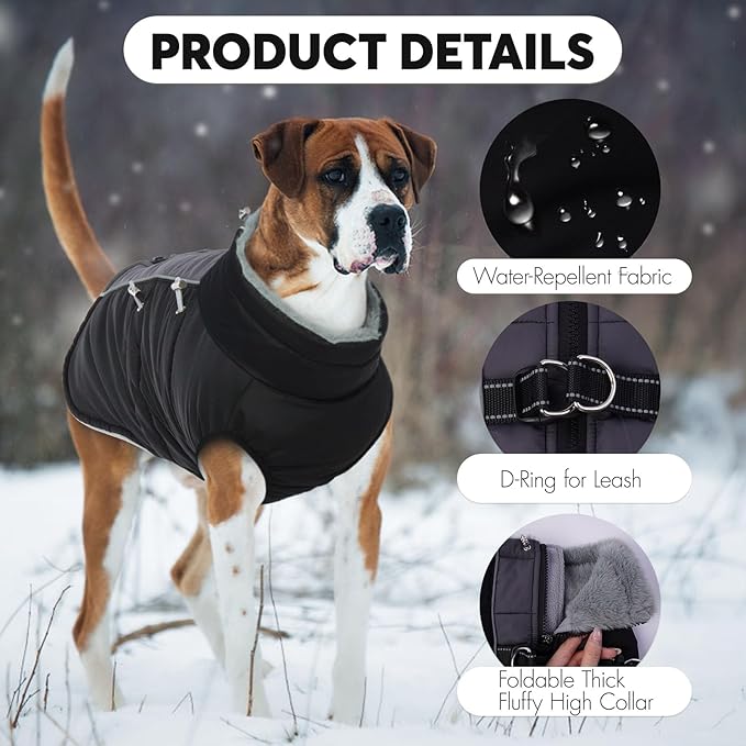IDOMIK Warm Dog Coat with Harness, Waterproof Reflective Dog Jackets for Small Medium Large Dogs, Fleece High Collar Winter Jacket with Zipper, Pet Winter Snowsuit Clothes for Cold Weather,Black 3XL