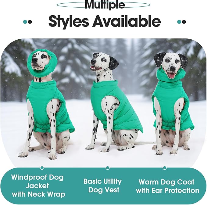 Dog Coat for Large Dogs, Dogs Snow Jacket with Back Zipper, Winter Warm Dog Puffer Vest with Detachable Neck Wrap, Winter Pet Clothes Elastic Band on Chest for Springer, Dalmatian, Green L