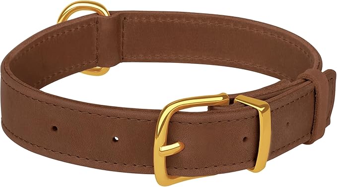 Leather Dog Collar - Heavy Duty Adjustable Soft Padded Pet Collars for Small Medium Large Dogs Breed - Black Green Brown Pink Red Blue (Cognac, L, 15"-19" Neck Fit)