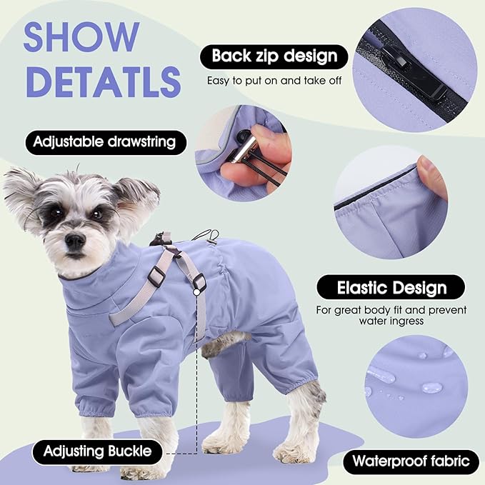 BRKURLEG Dog Raincoat for Small Dogs, Small Dog Rain Jacket with Harness Built in, Waterproof 4 Legs Puppy Raincoats, Puppy Outdoor Jacket with Reflective Strip, Purple, XL