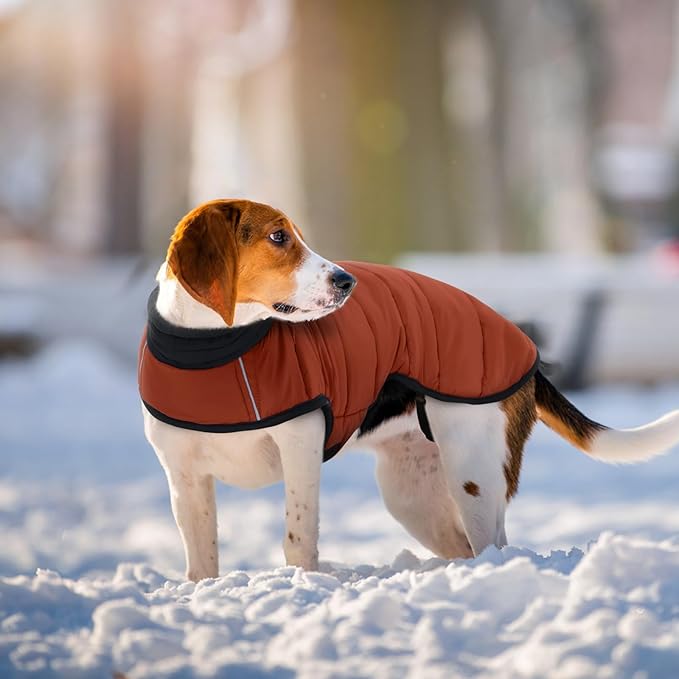 IDOMIK Dog Winter Coat, Warm Waterproof Dog Puffer Jacket with Harness Hole, Adjustable Reflective Snow Jacket Vest with Turtleneck, Pet Cold Weather Coats for Small Dogs,Caramel,S