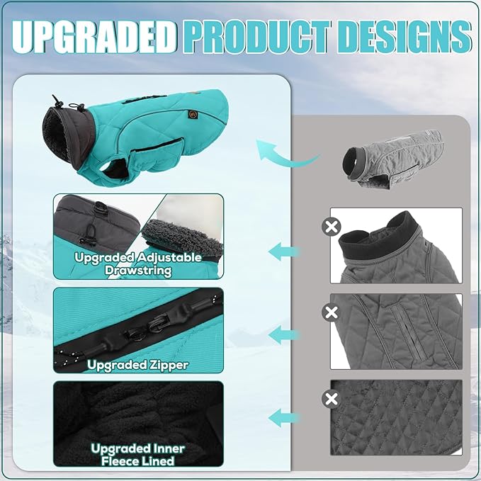 EMUST Winter Dog Coat for Medium Boys - Thick Clothes with Harness Hole for Cold Weather - Turquoise, M