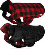 VIVAGLORY Softjoy Dog Coat, Dog Jacket for Winter & Christmas, Coat with Harness Hole & Velcro Closure, Reversible Plaid Checkered Warm Fluffy Heavy Duty for Puppy, S, Red Black