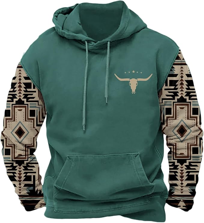 HOTYD Mens Western Aztec Sweatshirts Long Sleeve Fall Fashion Drawstring Pullover Vintage Graphic Cowboy Hoodie for Men