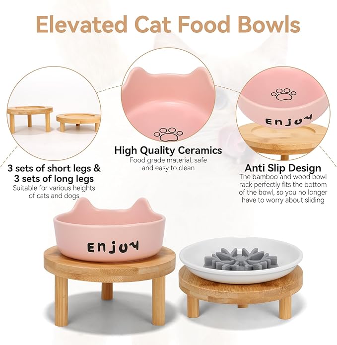 3PCS Elevated Cat Bowls,Wide Raised Ceramic Pet Dishes with Bamboo Stand, Whisker Friendly Pet Water or Food Plates Feeding Station for Indoor Small Dogs, Kitten (Pink(3PCS))