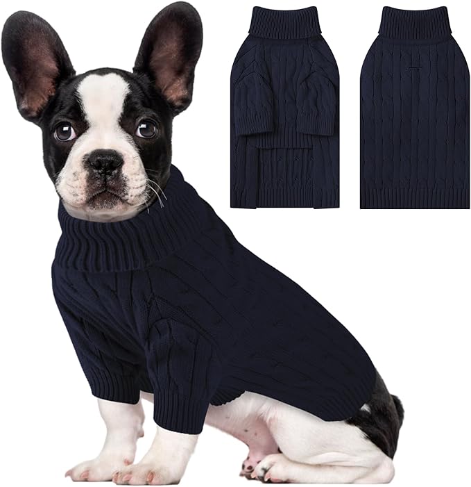 Small Dog Thermal Pullover Sweater, Classic Turtleneck Cable Knitwear Dog Clothes for Cold Weather Warm Pet Clothes for Chihuahua, Bulldog, Dachshund, Pug Navy Large