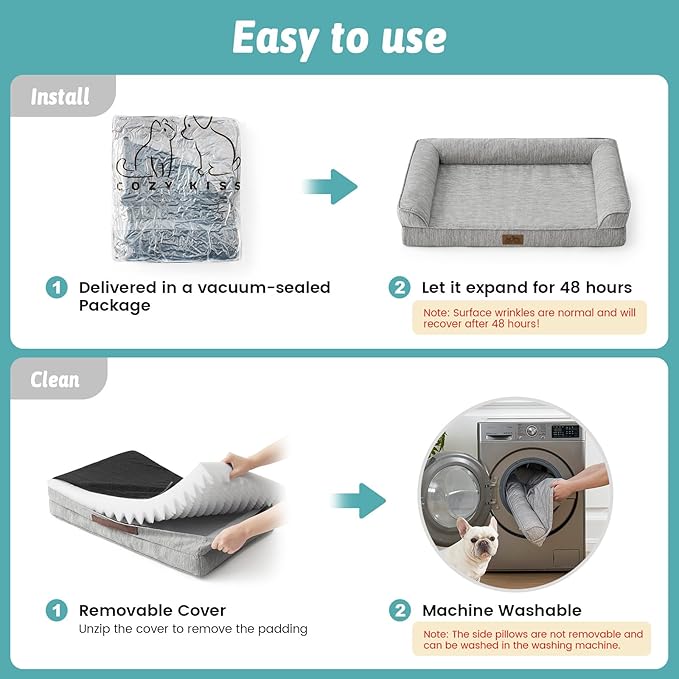 Cooling Dog Bed, Orthopedic Foam Dog Bed with Sides, Removable Cover & Waterproof Lining and Nonskid Bottom, Comfortable Pet Beds for Extra Large Dogs, Grey (48" L x 32" W x 7.5" Th)